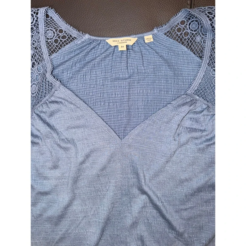 Max Studio London V-Neck Crochet Lace Blue Top Women 3X